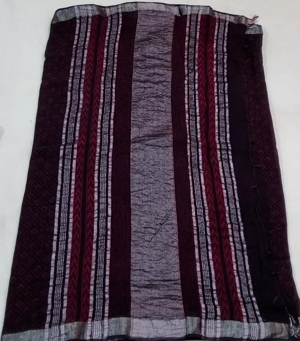 Akola Hand Block Print Linen Cotton Saree with Silver Border
