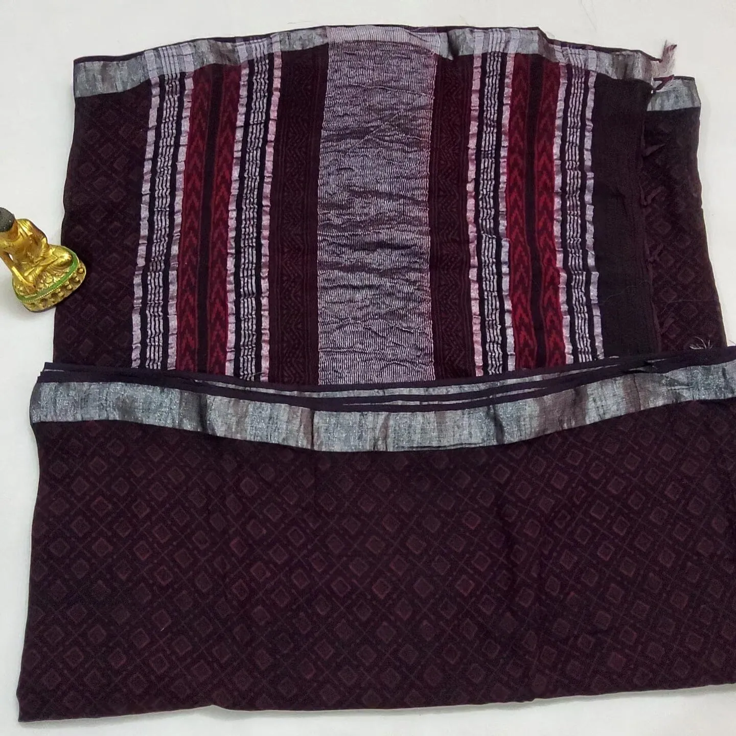 Akola Hand Block Print Linen Cotton Saree with Silver Border
