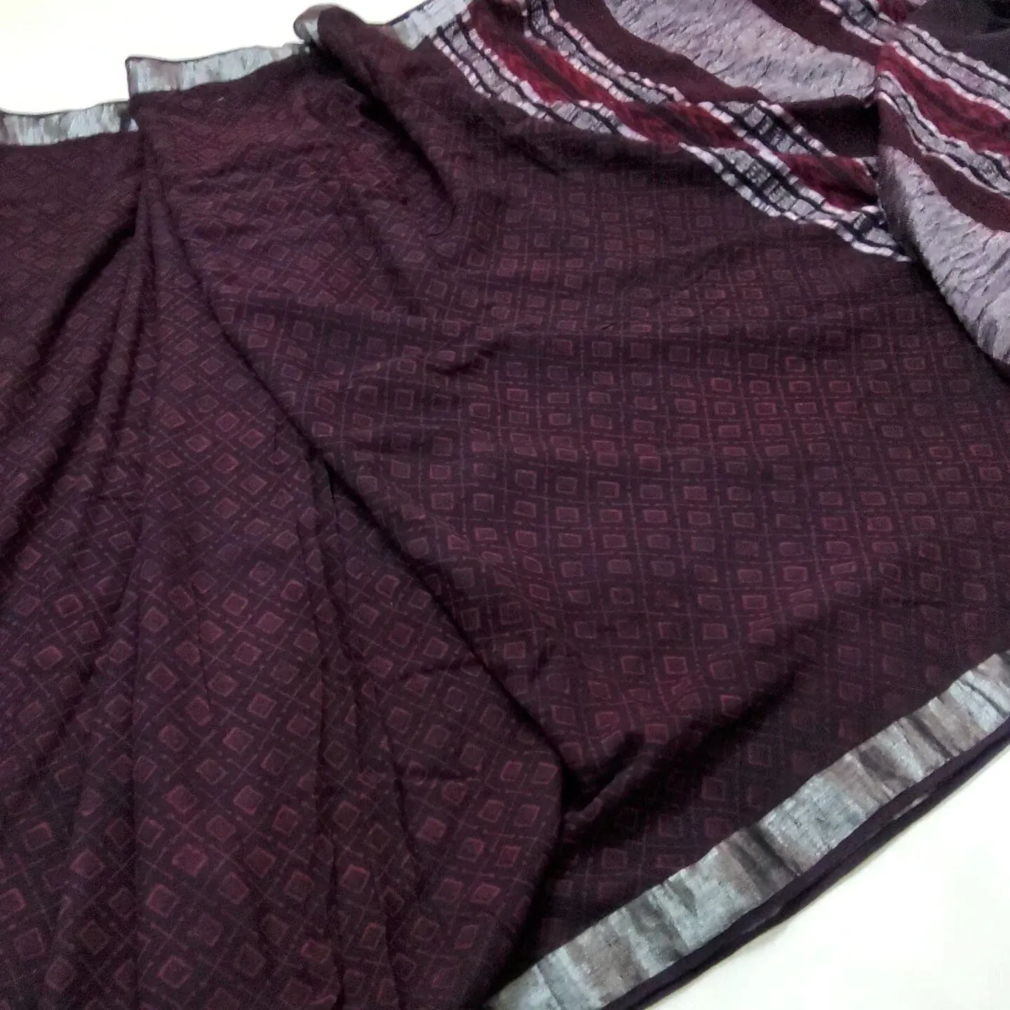 Akola Hand Block Print Linen Cotton Saree with Silver Border