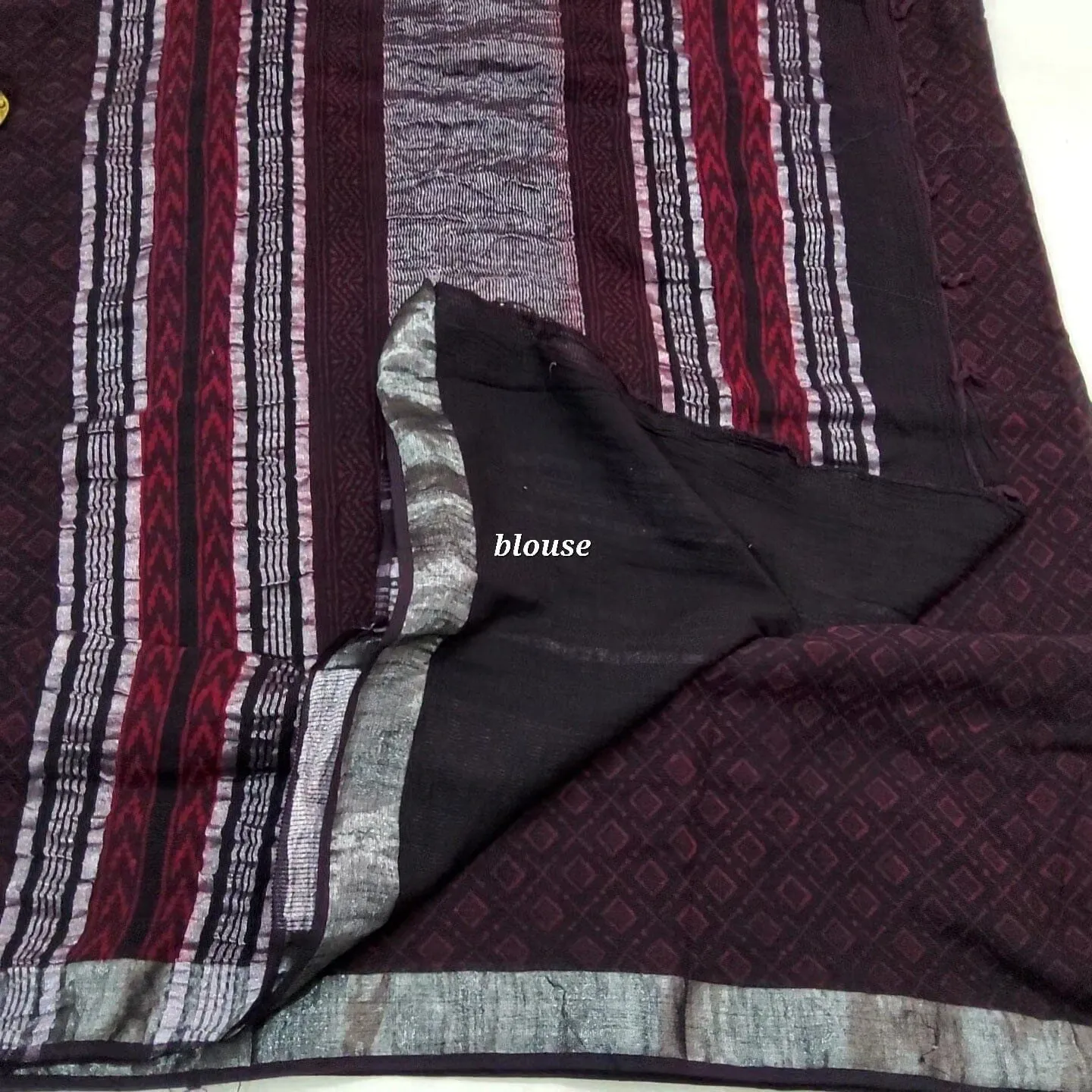 Akola Hand Block Print Linen Cotton Saree with Silver Border