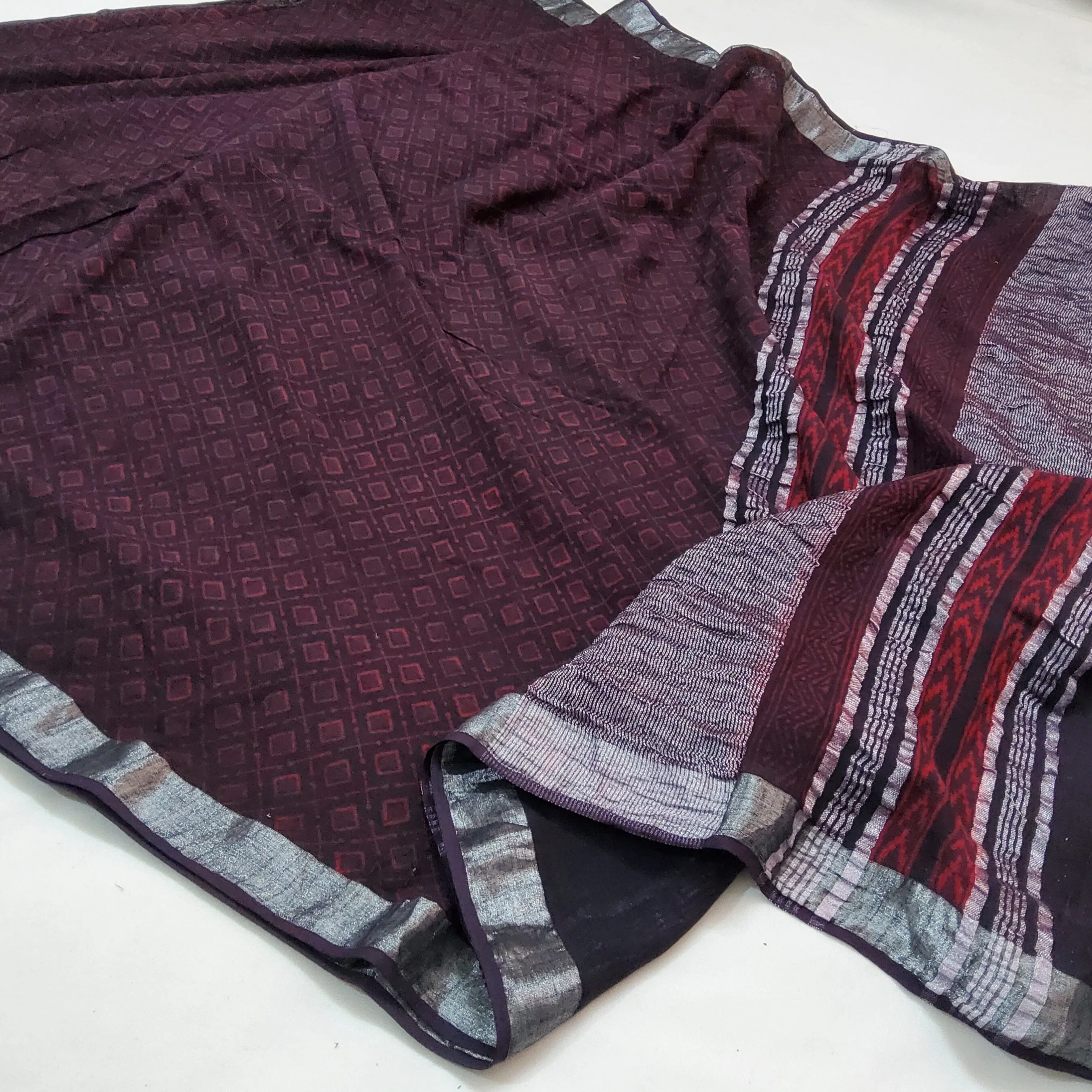 Akola Hand Block Print Linen Cotton Saree with Silver Border
