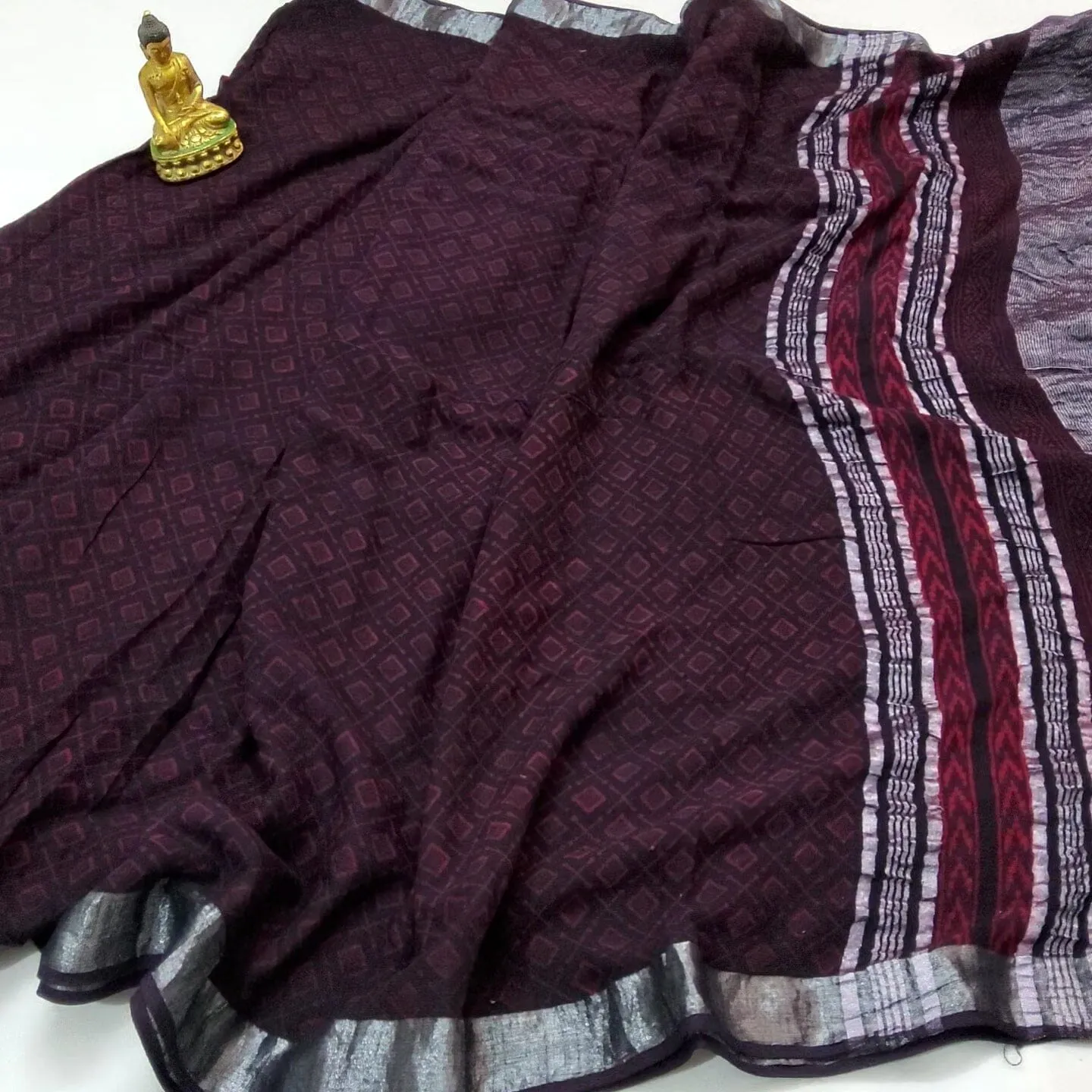 Akola Hand Block Print Linen Cotton Saree with Silver Border