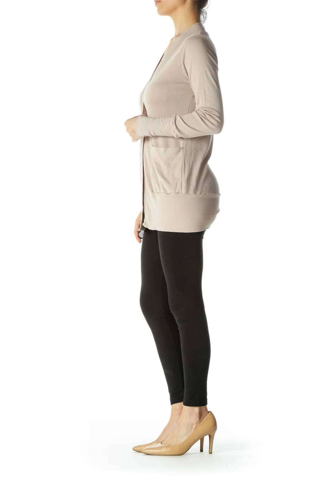 Beige Pocketed Long Sleeve Cardigan