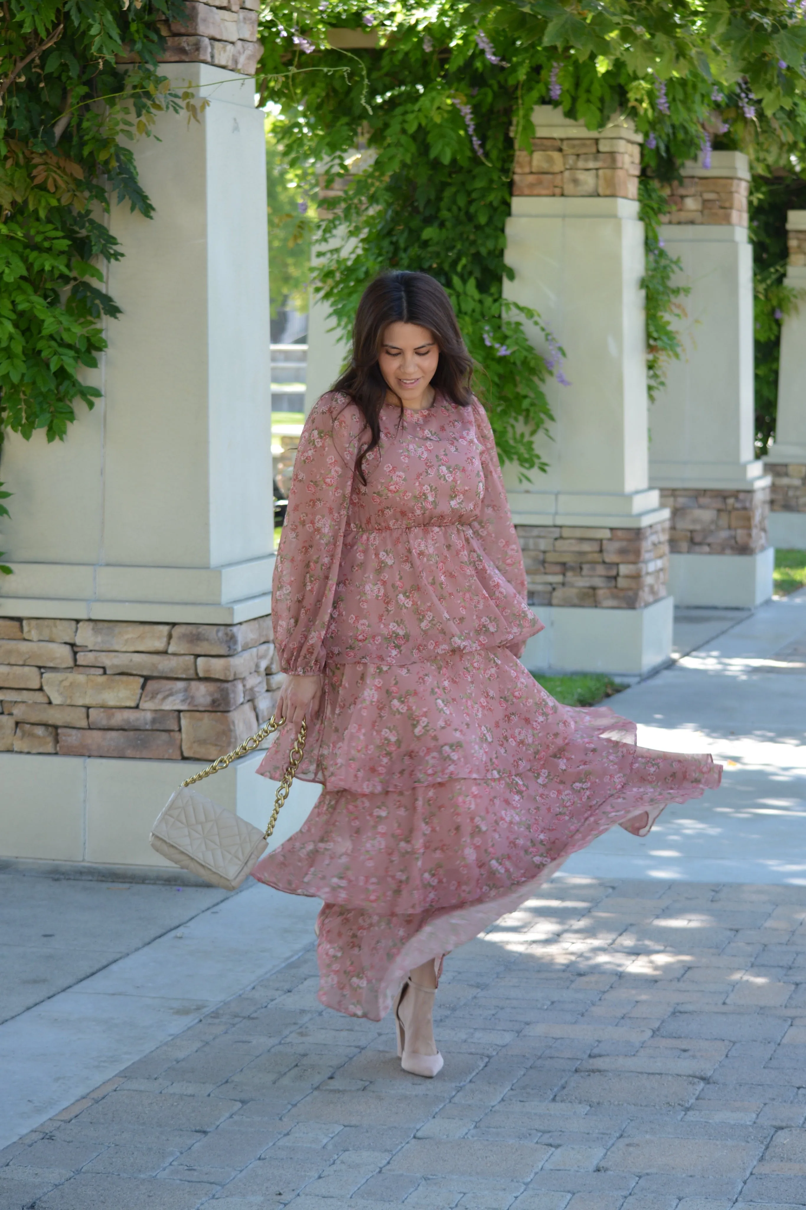 Bella Pink Floral Ruffled Maxi Dress