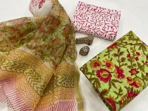 Block Printed Cotton Dress Material with Organza Dupatta
