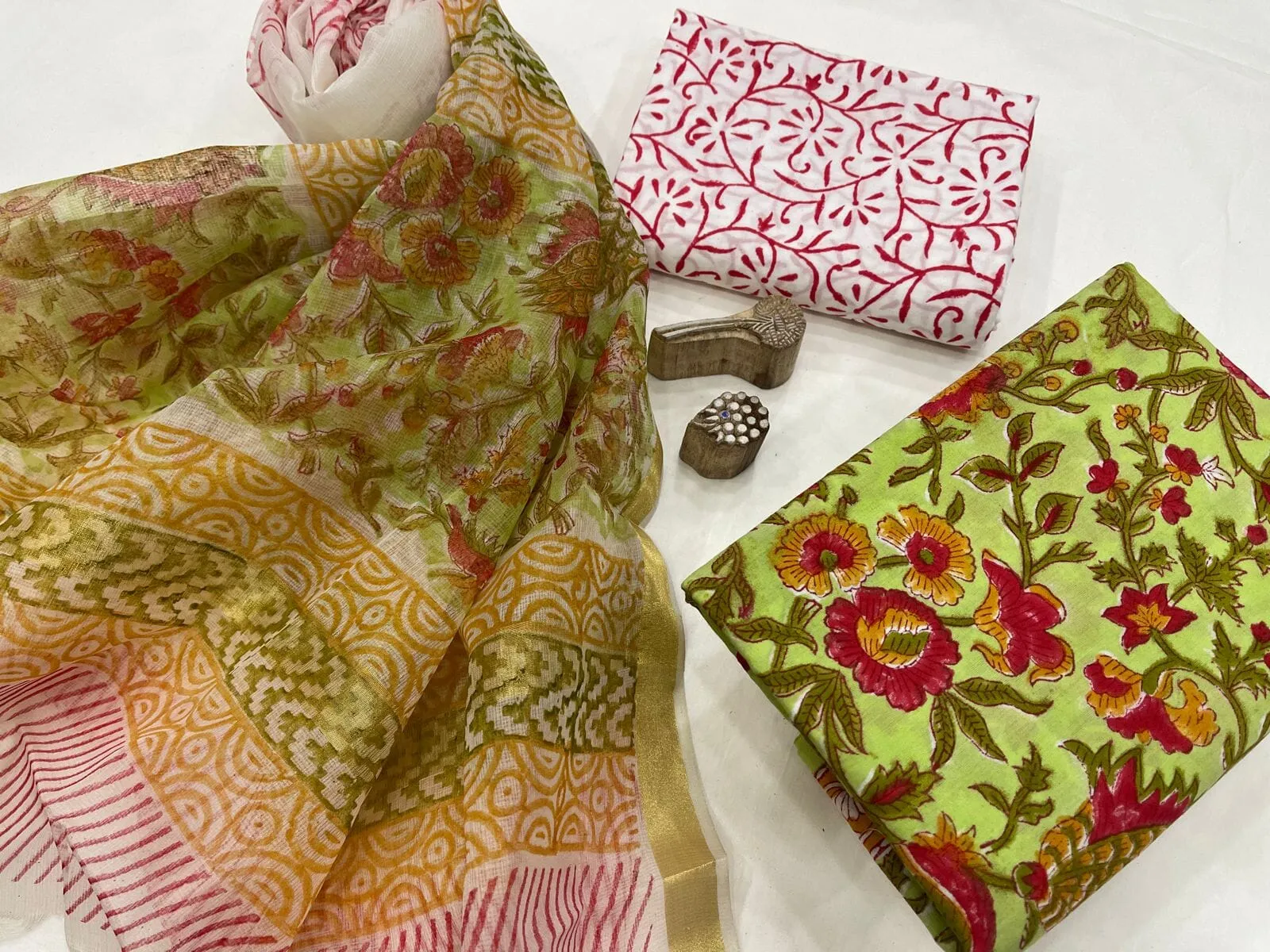 Block Printed Cotton Dress Material with Organza Dupatta