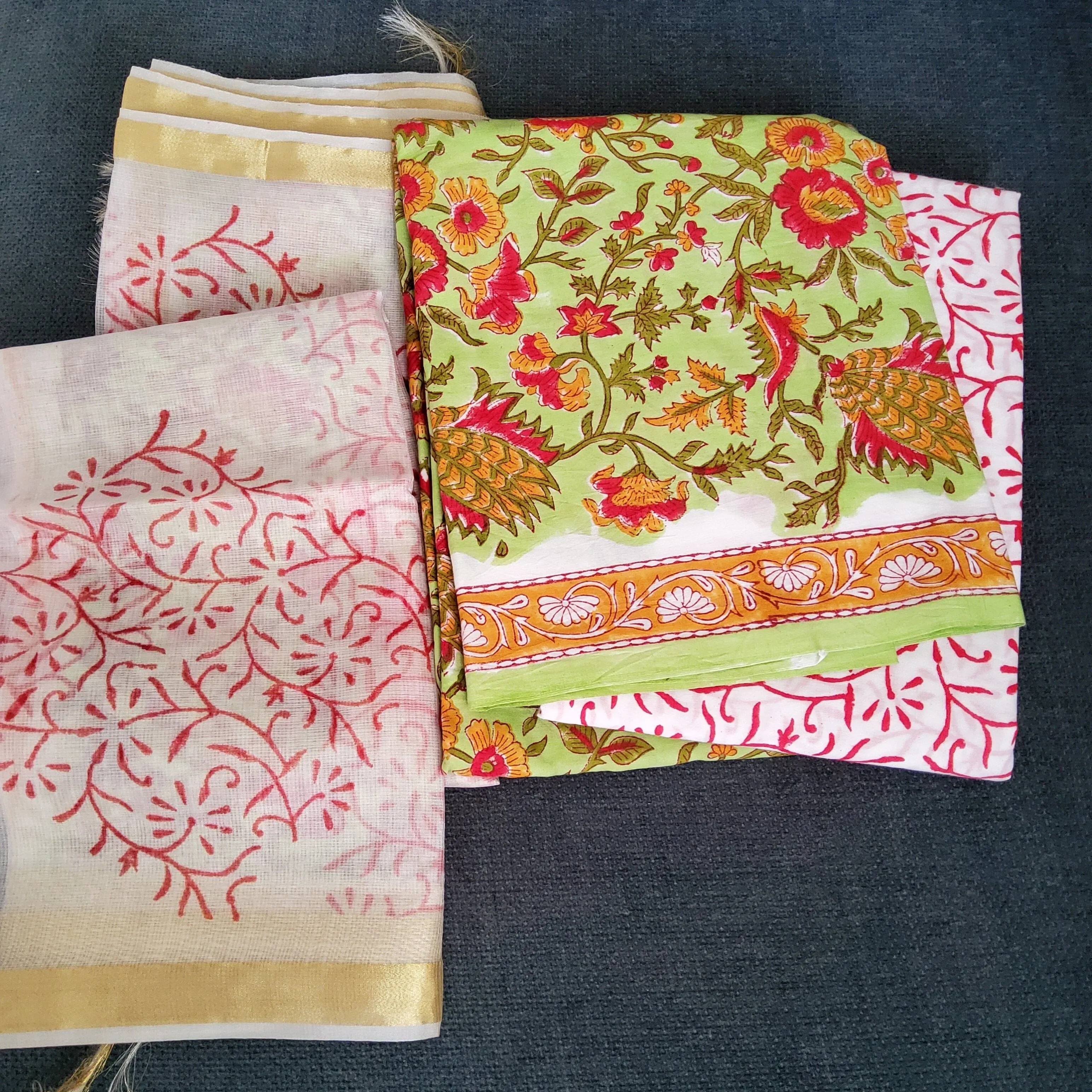 Block Printed Cotton Dress Material with Organza Dupatta