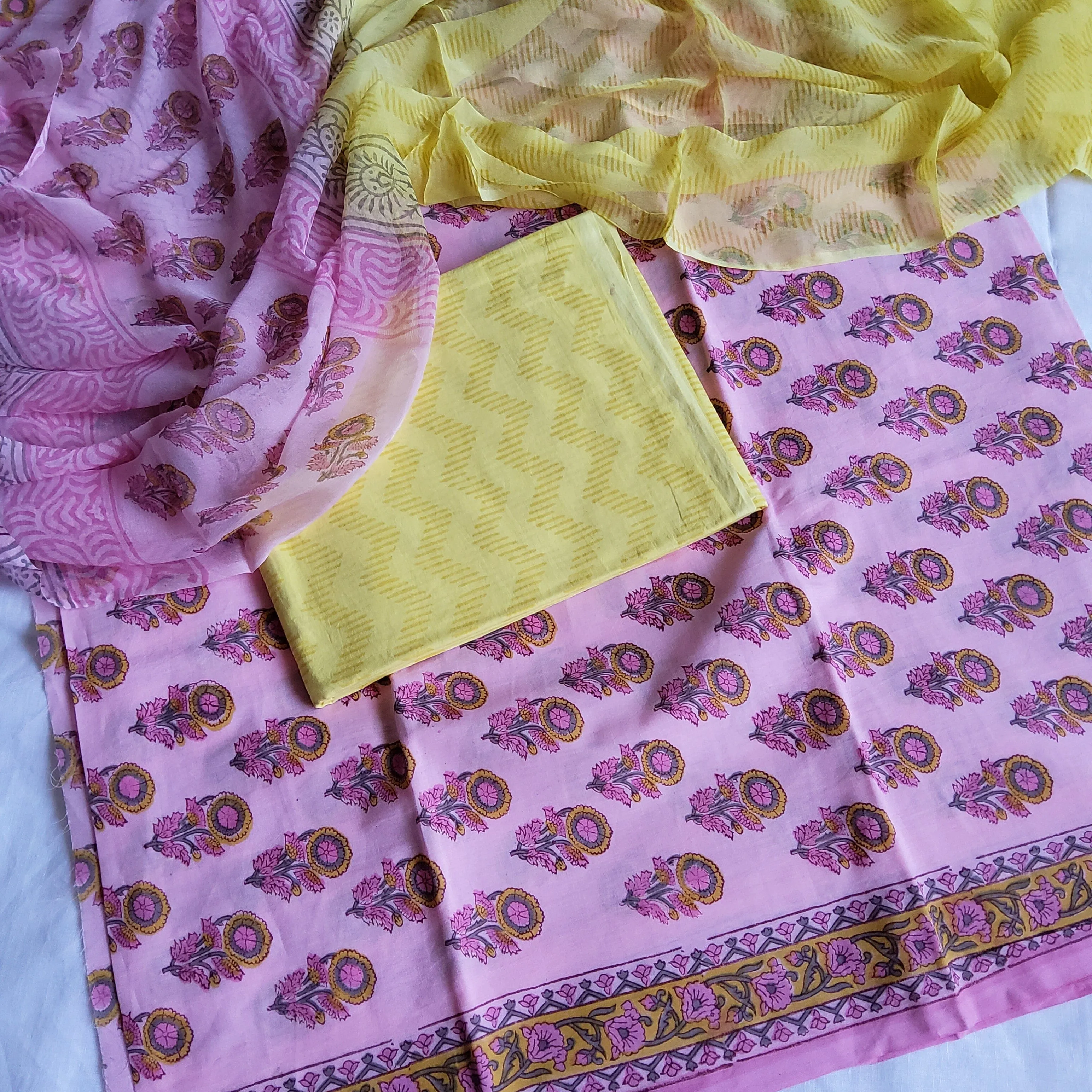 Cotton Hand Block Print Dress Material with Chiffon Dupatta