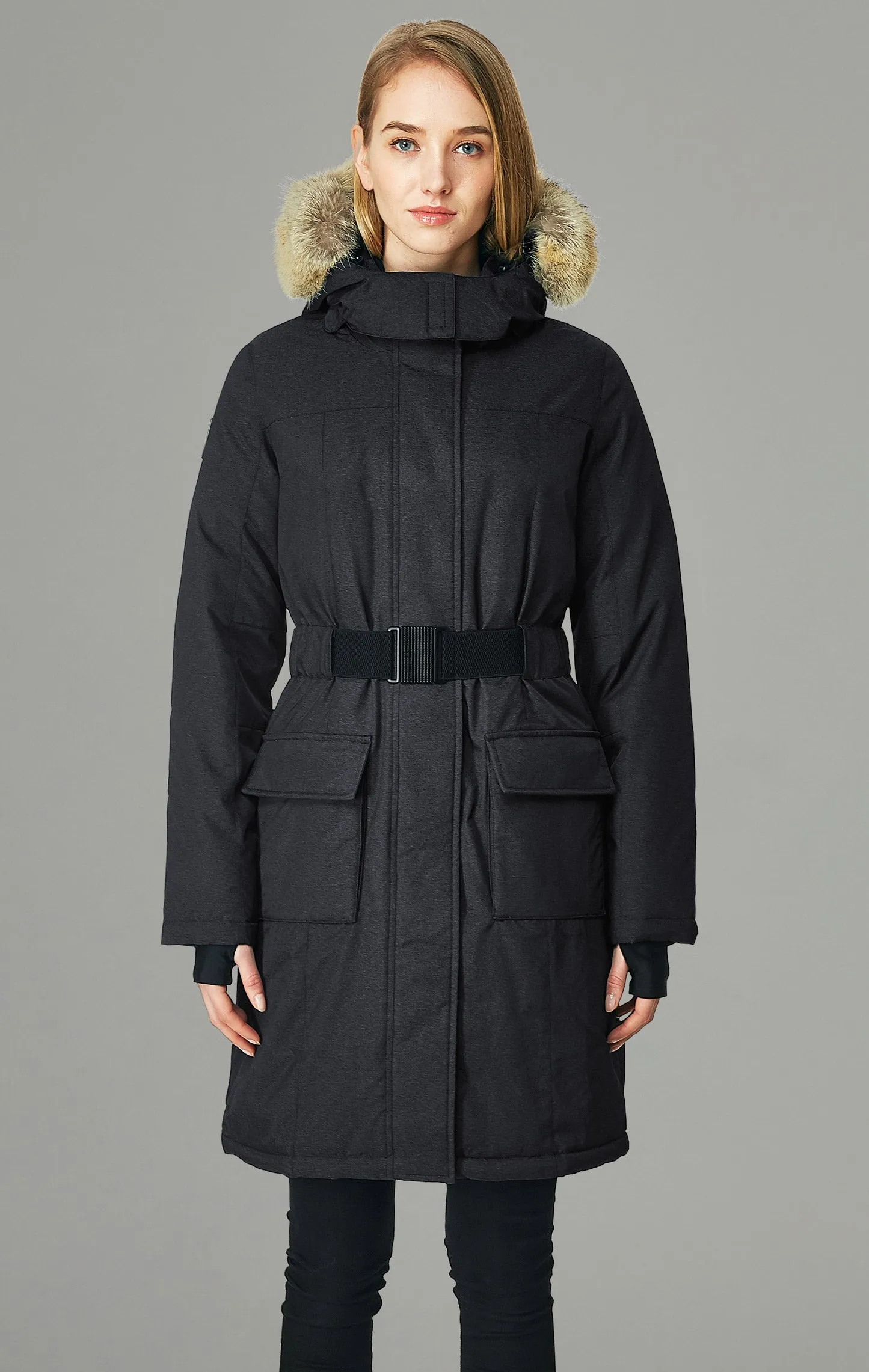 Estelle Womens Belted Down Parka with Adjustable Hood