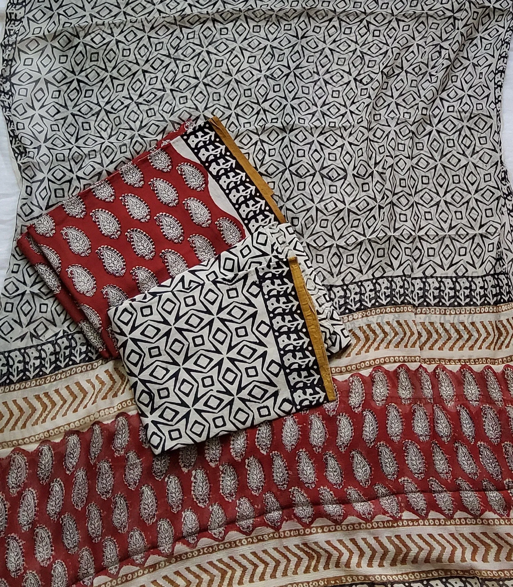 Hand BlockPrint Cotton Dress Material with Chiffon Dupatta