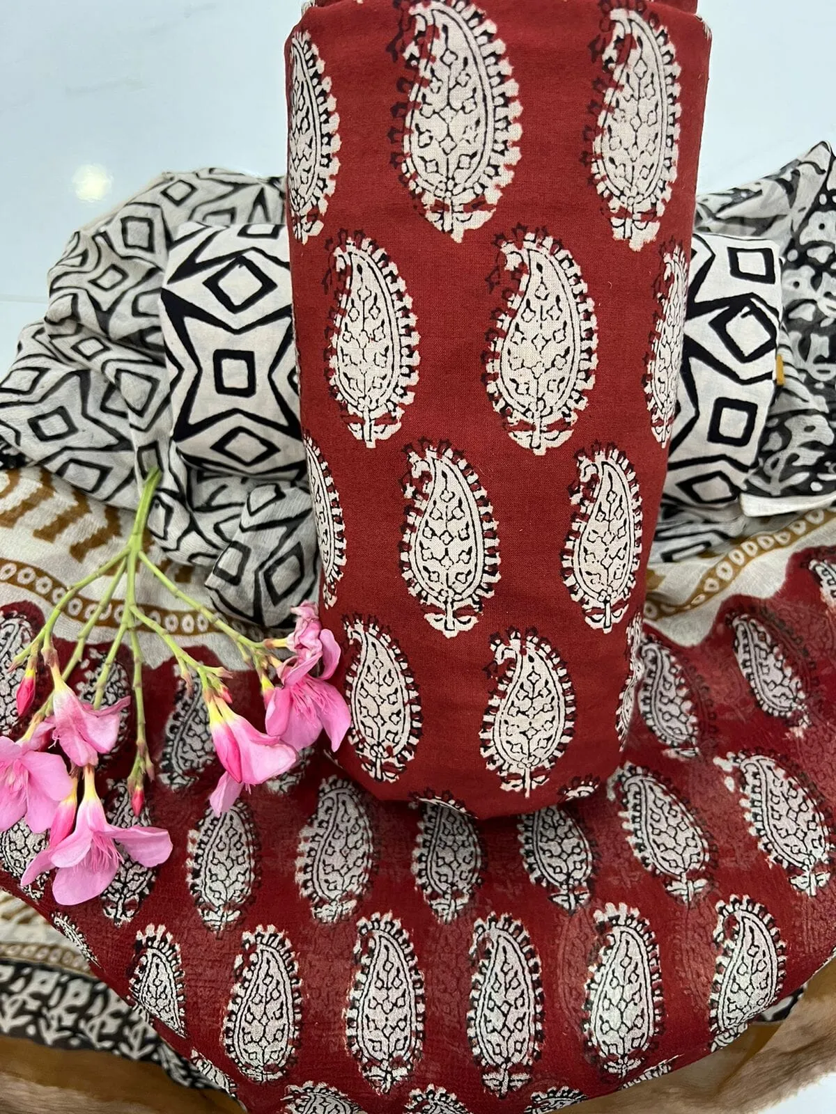 Hand BlockPrint Cotton Dress Material with Chiffon Dupatta