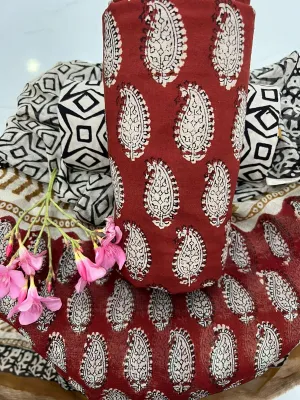 Hand BlockPrint Cotton Dress Material with Chiffon Dupatta