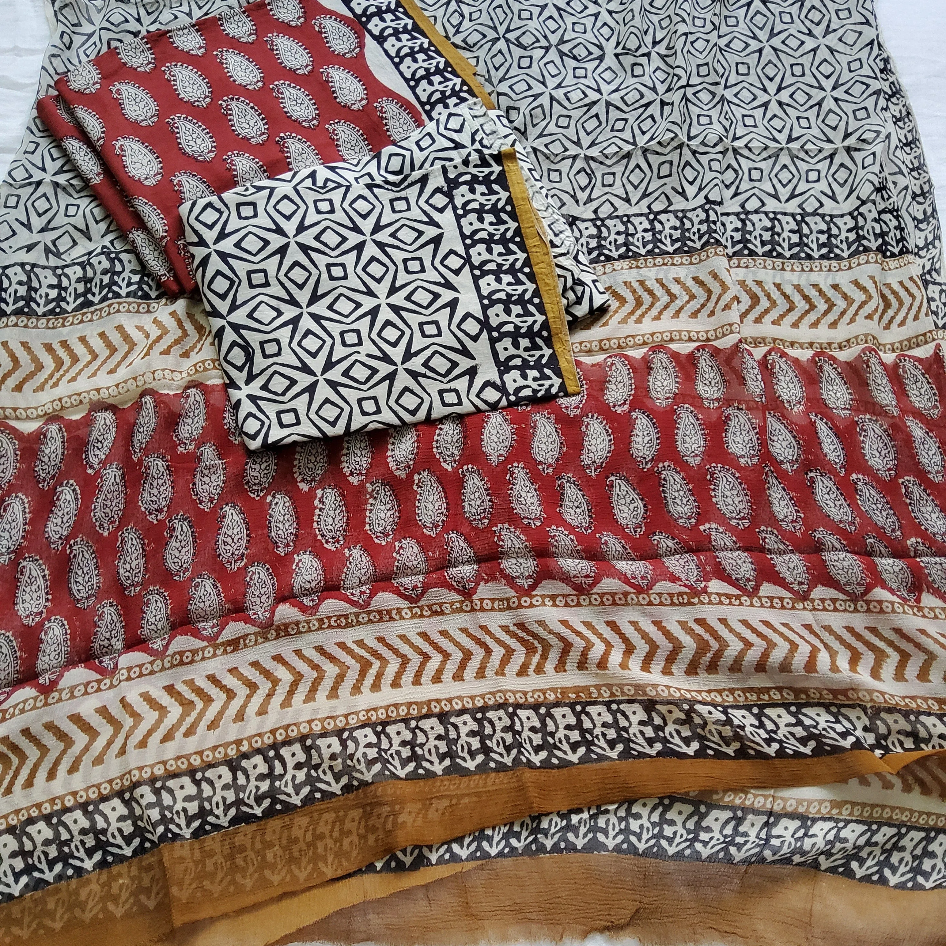 Hand BlockPrint Cotton Dress Material with Chiffon Dupatta