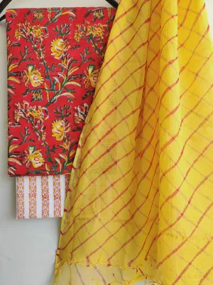 Hand BlockPrint Cotton Dress Material with Lehariya Kota Dupatta