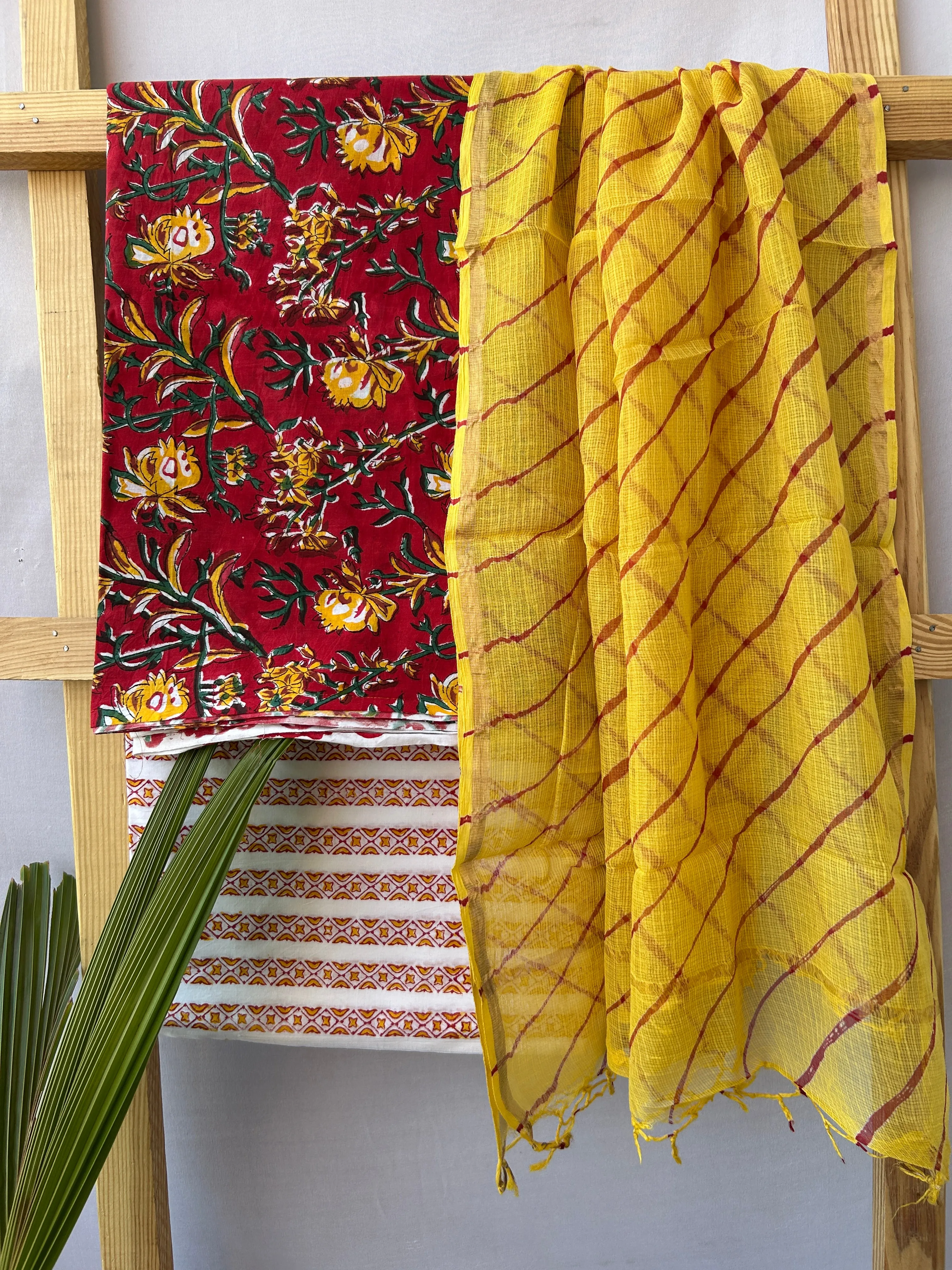 Hand BlockPrint Cotton Dress Material with Lehariya Kota Dupatta