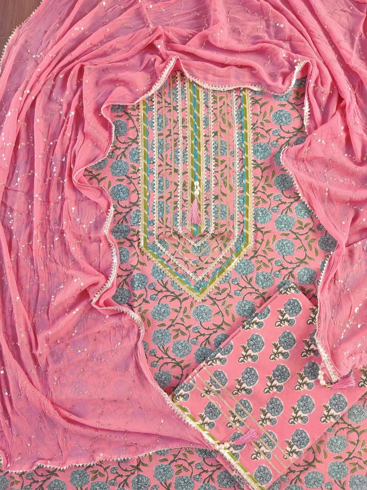 Hand BlockPrint Cotton Dress Material with Pure Chiffon Sequins Dupatta