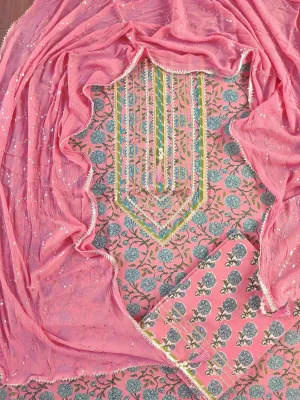 Hand BlockPrint Cotton Dress Material with Pure Chiffon Sequins Dupatta