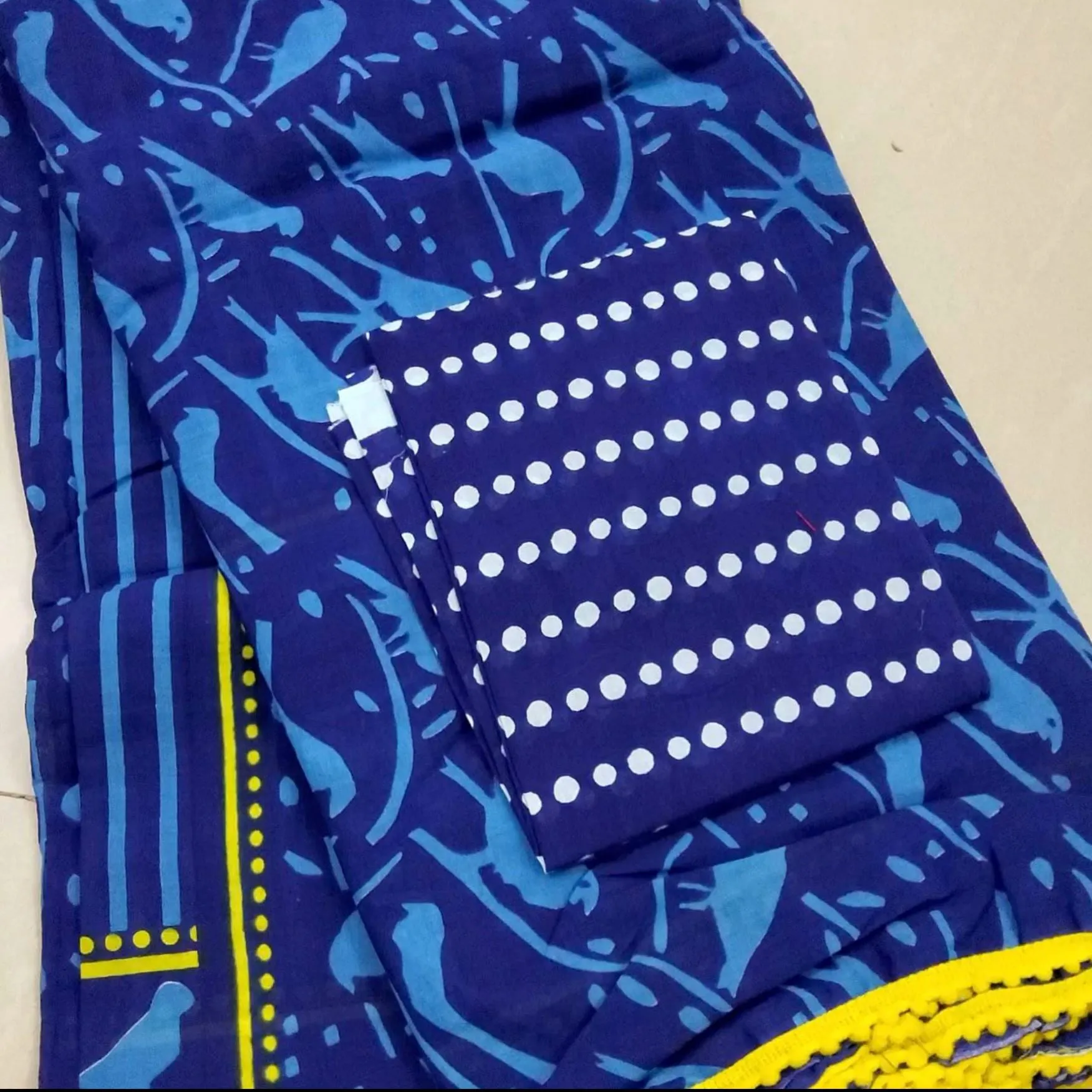 Indigo Bagru Hand Block Print Cotton Saree with Pompoms