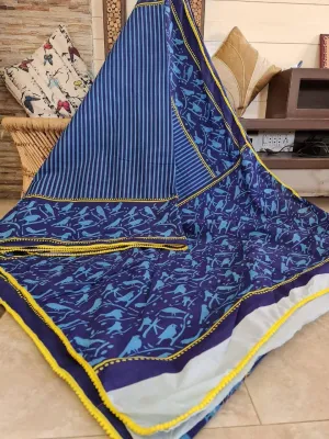 Indigo Bagru Hand Block Print Cotton Saree with Pompoms