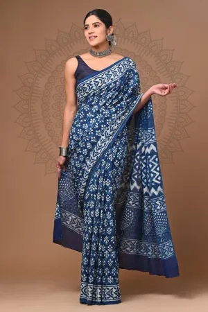 Indigo Cotton Hand BlockPrint Saree with Blouse