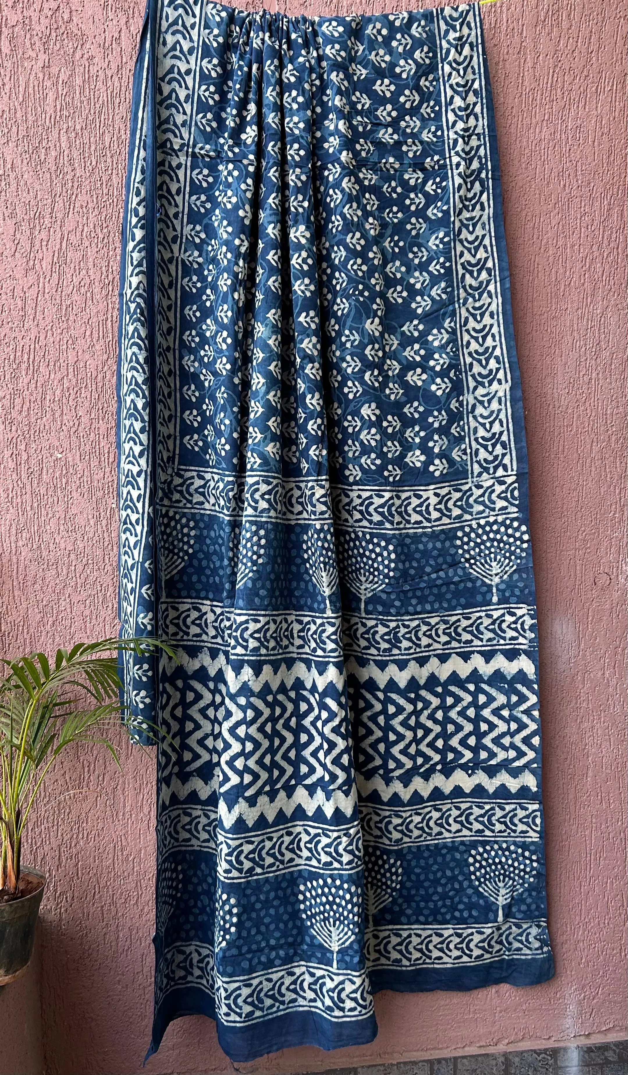 Indigo Cotton Hand BlockPrint Saree with Blouse