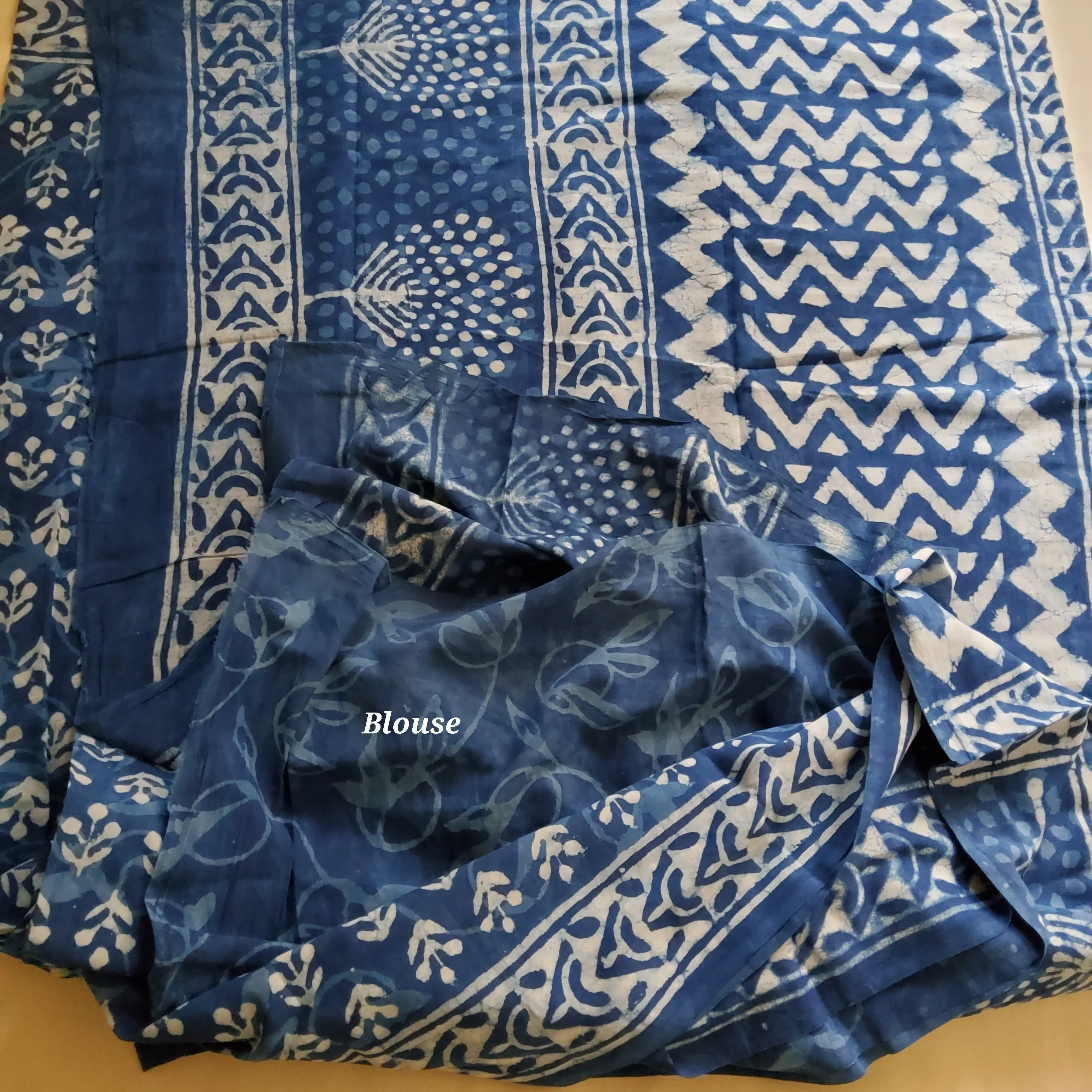 Indigo Cotton Hand BlockPrint Saree with Blouse