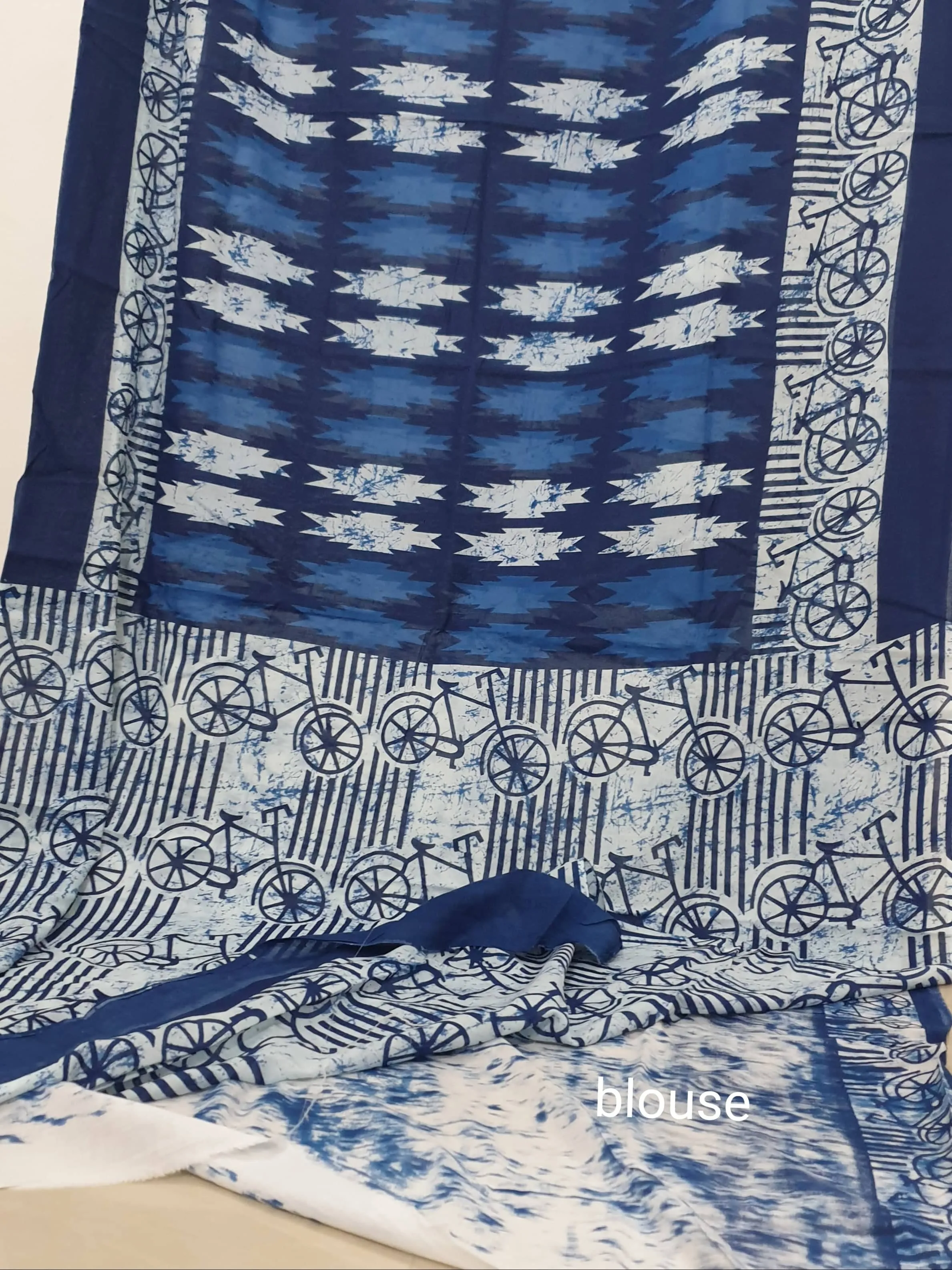 Indigo Hand BlockPrint Cotton Saree with Blouse