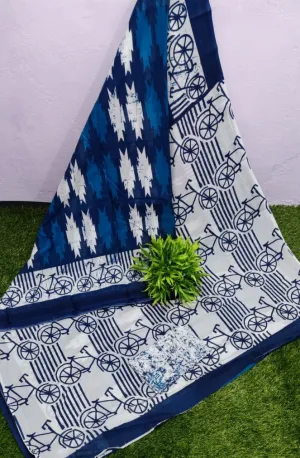 Indigo Hand BlockPrint Cotton Saree with Blouse