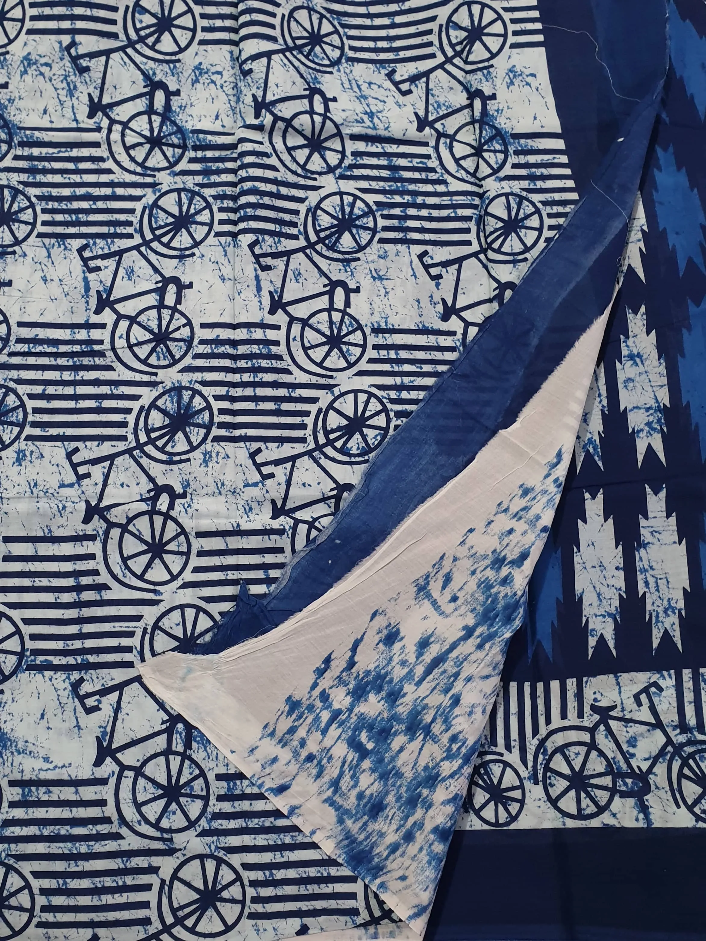 Indigo Hand BlockPrint Cotton Saree with Blouse