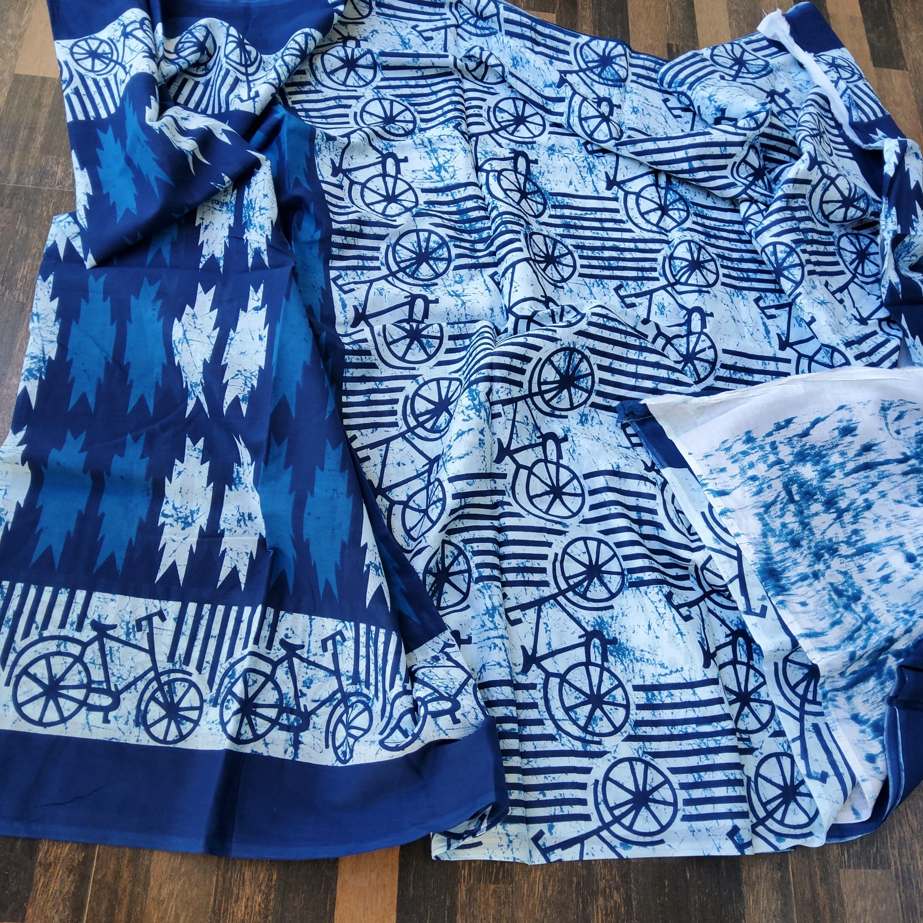 Indigo Hand BlockPrint Cotton Saree with Blouse