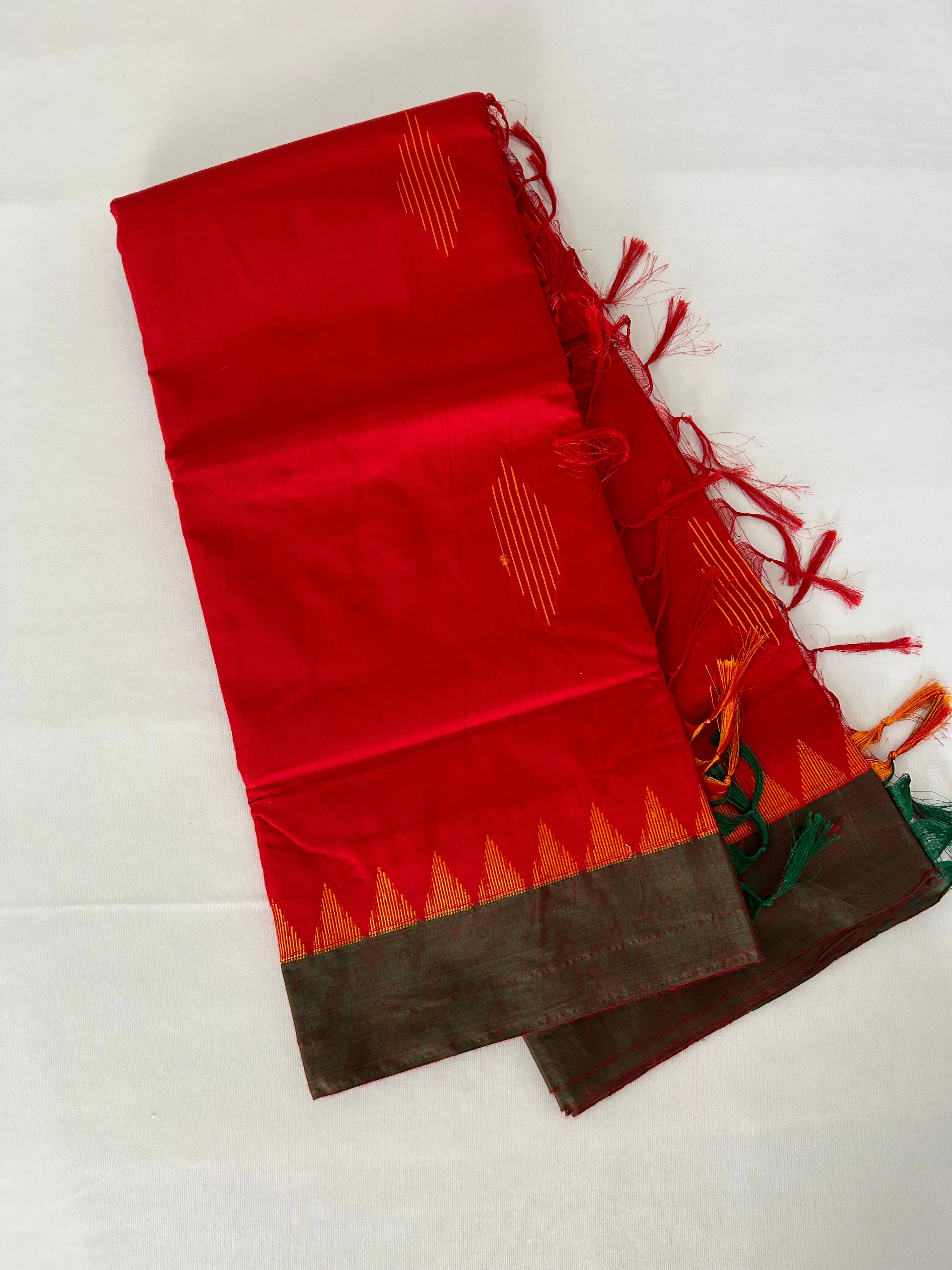 Red Green Cotton Silk Saree with Temple Border