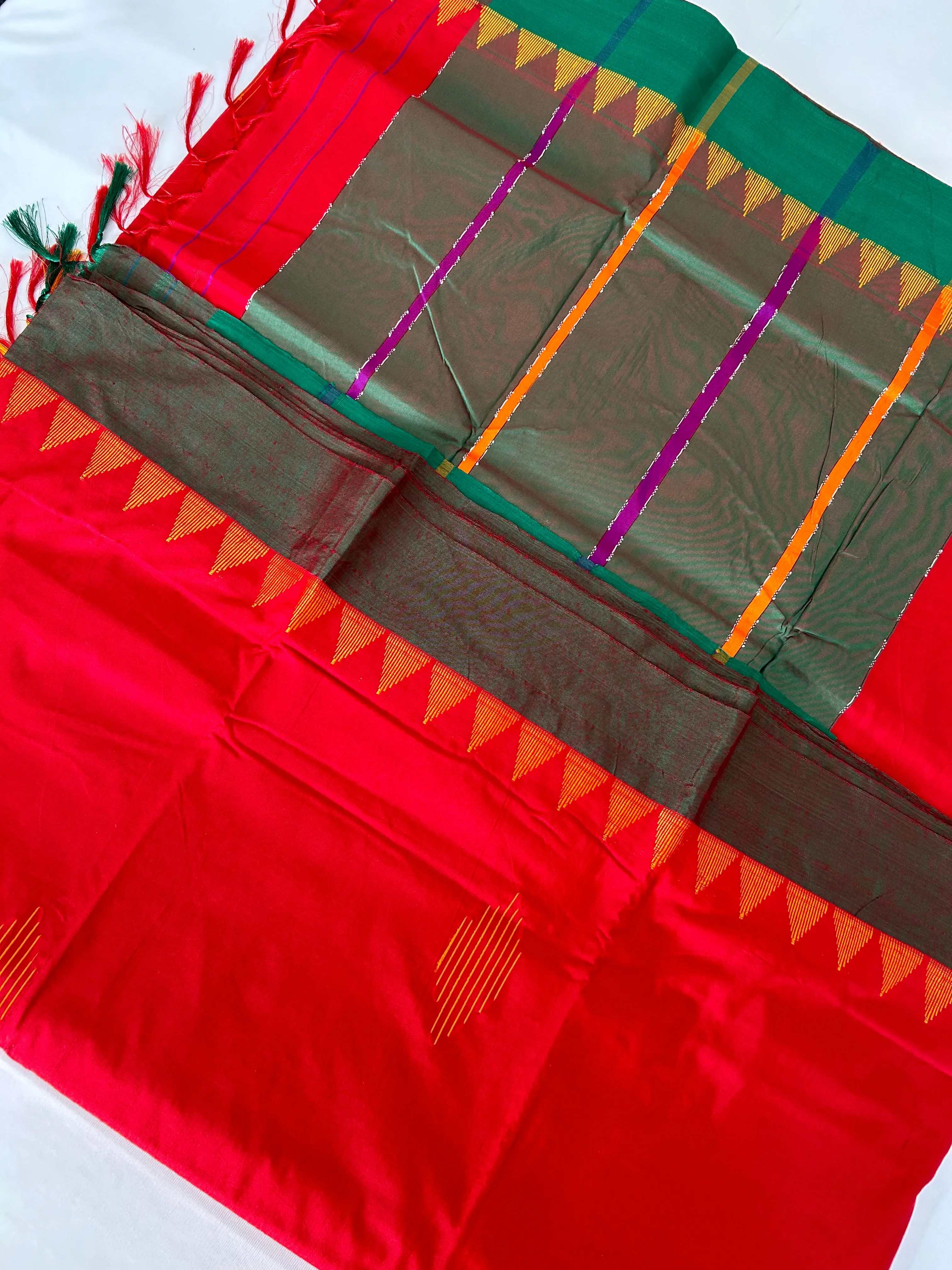 Red Green Cotton Silk Saree with Temple Border