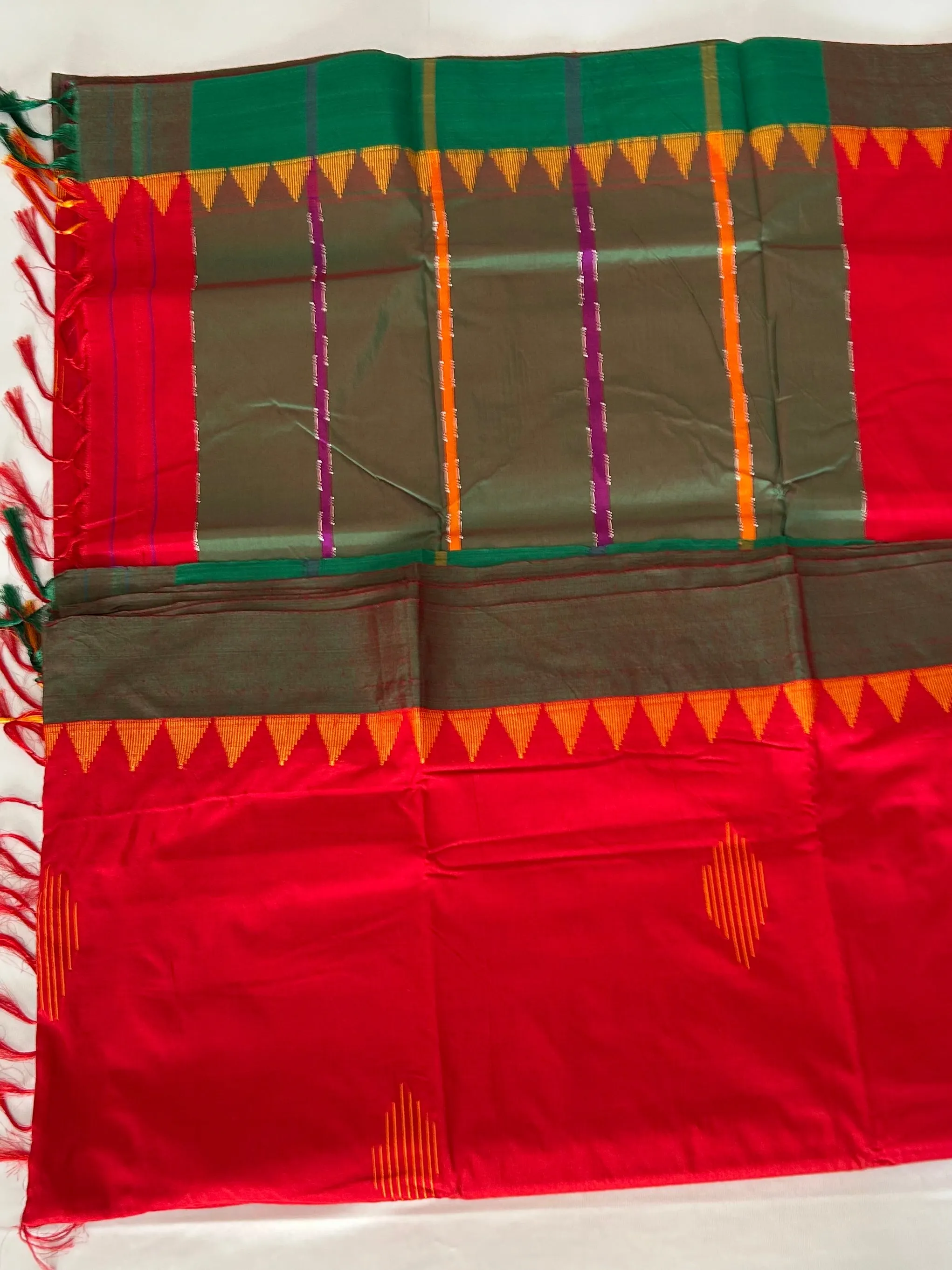 Red Green Cotton Silk Saree with Temple Border