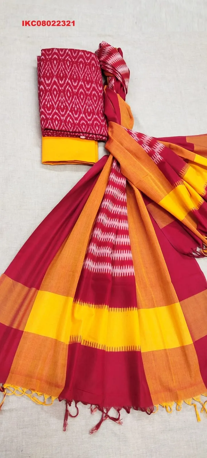 Red Yellow Double Ikat Mercerised Cotton Dress Material