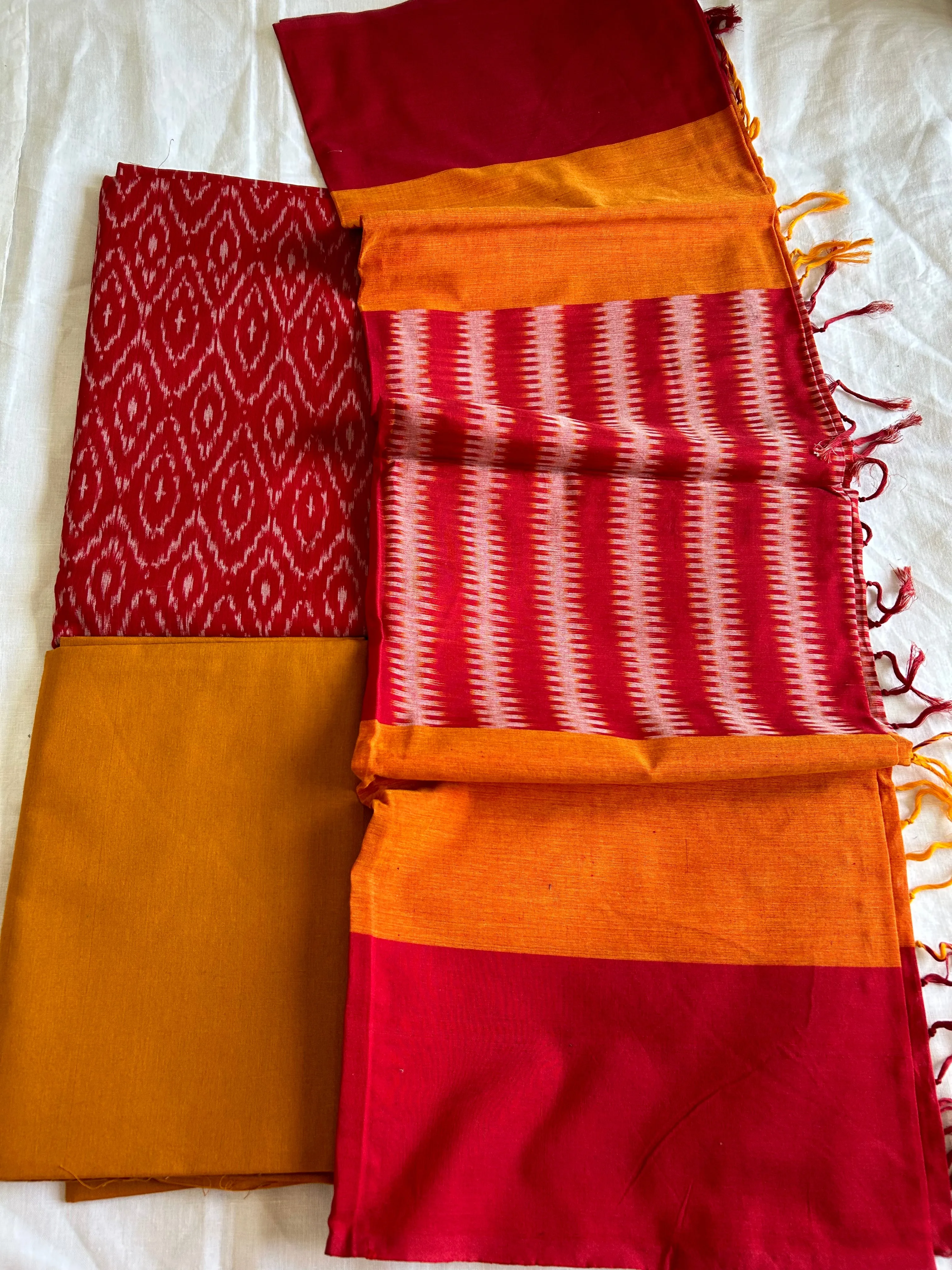 Red Yellow Double Ikat Mercerised Cotton Dress Material