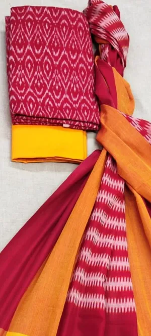 Red Yellow Double Ikat Mercerised Cotton Dress Material